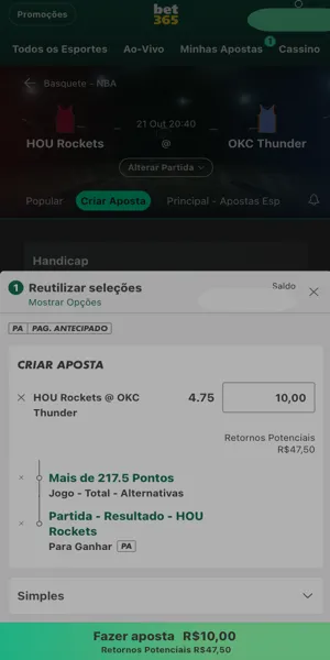 Imagem com uma aposta feita com o recurso "Criar Aposta" no aplicativo da Bet365