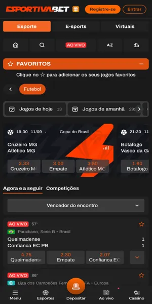Interface da se&ccedil;&atilde;o de apostas na Esportivabet com dep&oacute;sitos via Pix a partir de R$1.
