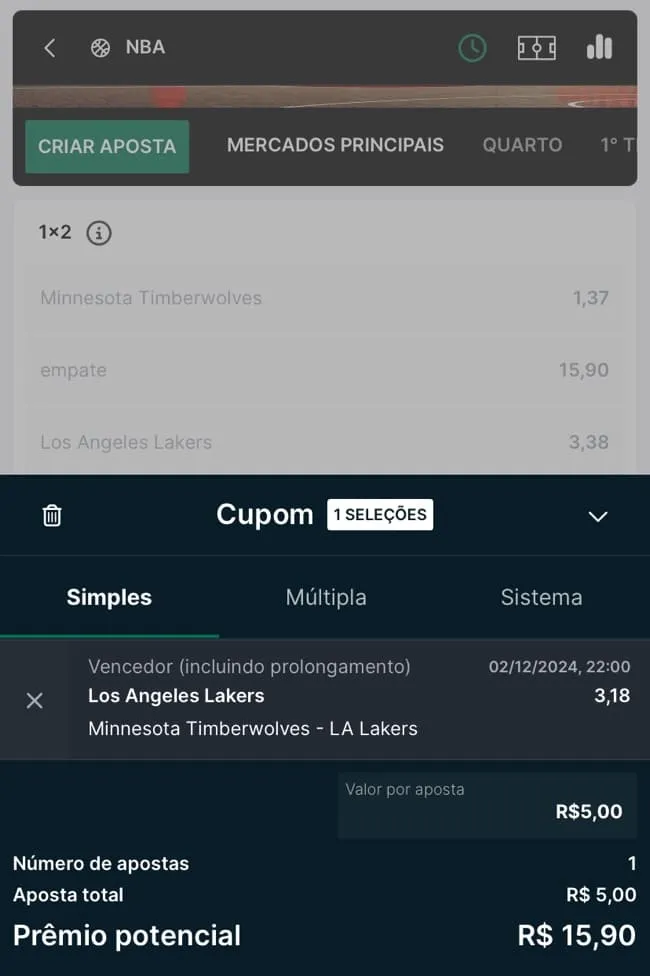 Tela com bilhete para fazer aposta no jogo do Lakers na NBA