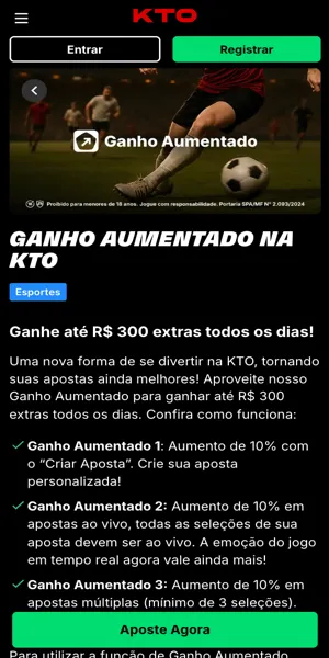 Imagem da página da promoção Ganho Aumentado para suas apostas esportivas com cupom KTO