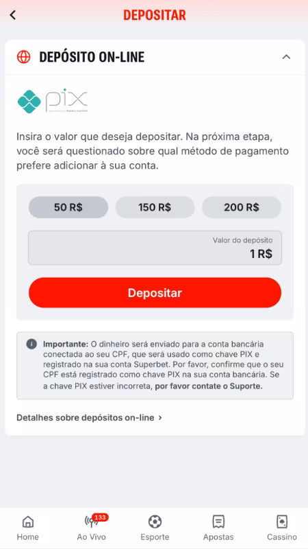Tela com exemplo de dep&oacute;sito via Pix na Superbet