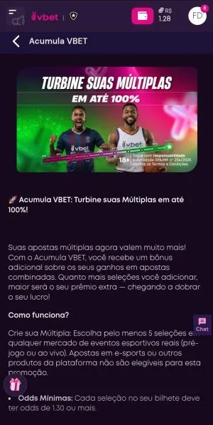 Oferta Acumula Vbet, com b&ocirc;nus de m&uacute;ltiplas de at&eacute; 100%