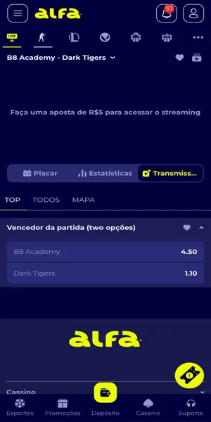Imagem da transmiss&atilde;o ao vivo dispon&iacute;vel na Alfa bet
