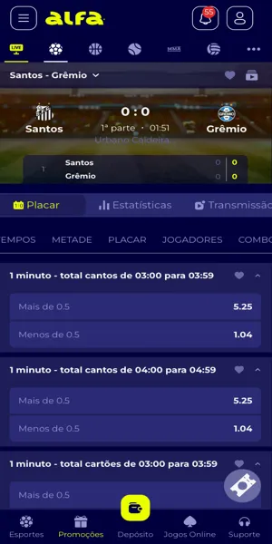 Imagem com a op&ccedil;&atilde;o de mercado das estat&iacute;sticas para o pr&oacute;ximo minuto de jogo nas apostas ao vivo da Alfa.bet