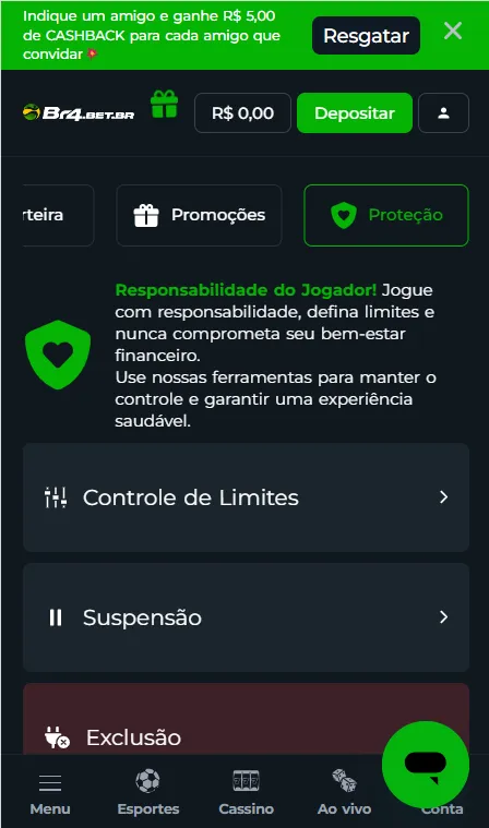 Página de Jogo Responsável da Br4Bet