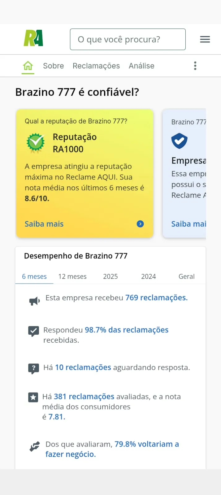 P&aacute;gina da Brazino777 no Reclame Aqui, com reputa&ccedil;&atilde;o RA1000 e nota 8.6/10 nos &uacute;ltimos 6 meses