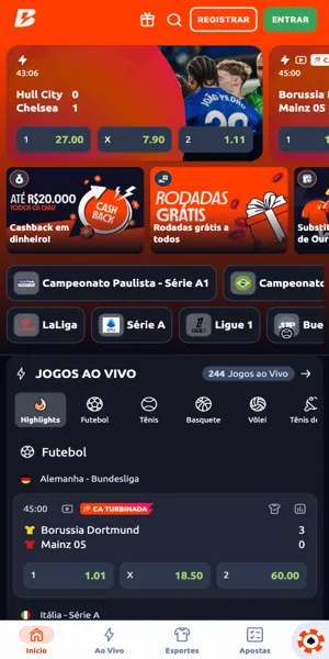 Imagem com op&ccedil;&otilde;es de apostas na p&aacute;gina inicial da Betano Brasil