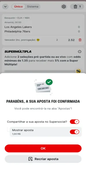 Imagem da confirma&ccedil;&atilde;o de aposta moneyline na NBA