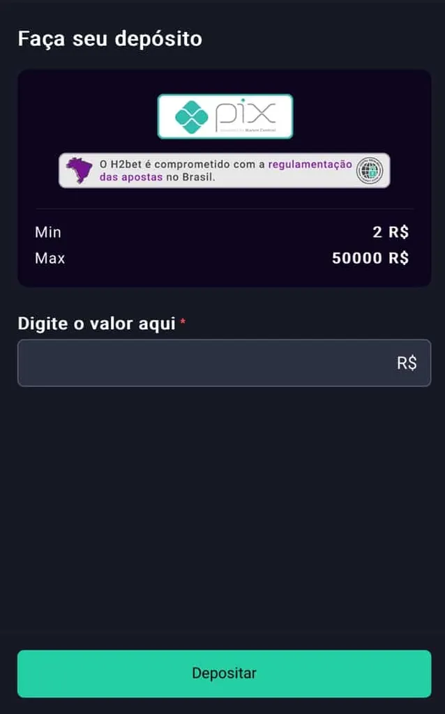 Tela para fazer dep&oacute;sito via Pix na H2Bet