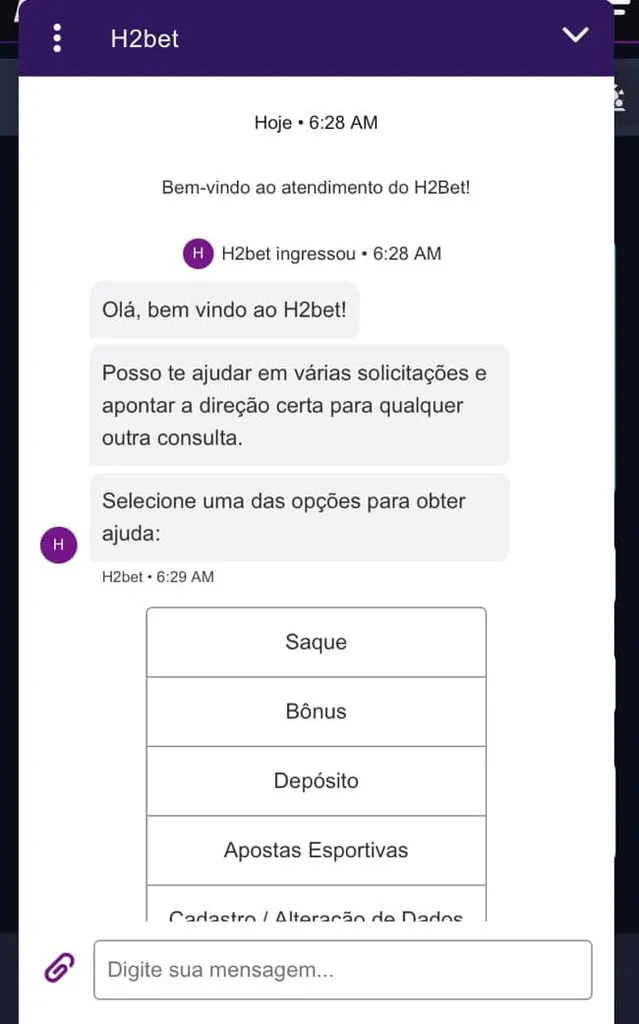 Tela mostrando o in&iacute;cio do atendimento ao cliente via chatbot na H2Bet