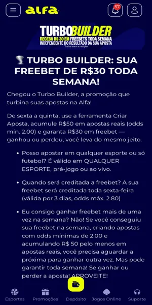 Imagem da página de promoção das apostas grátis na Alfa.bet