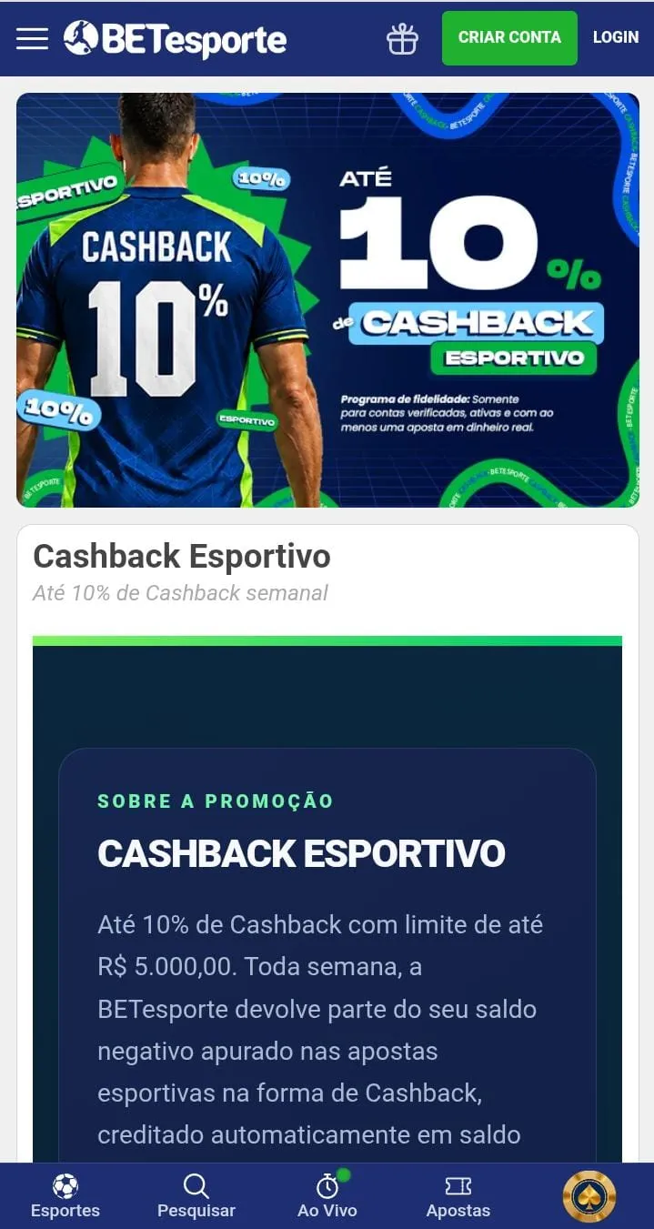 Cashback esportivo de at&eacute; 10% na BETesporte