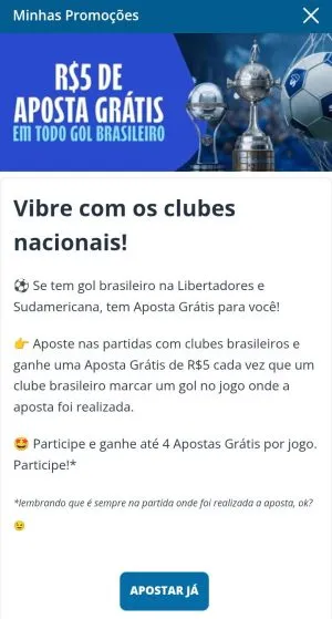 Oferta R$5 de apostas gr&aacute;tis a cada gol brasileiro na Sportingbet