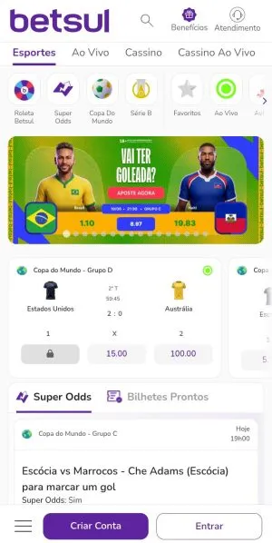 P&aacute;gina inicial da Betsul, com destaque a Brasil vs Haiti