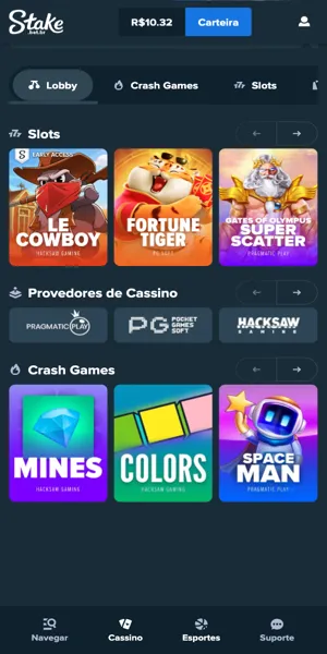 Imagem com a página principal da seção de cassino online na Stake