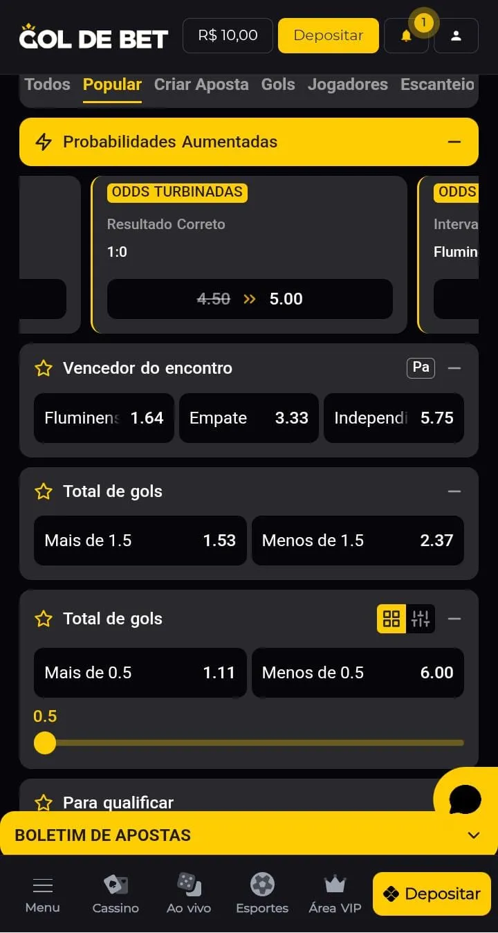 Probabilidades aumentadas da Gol de Bet
