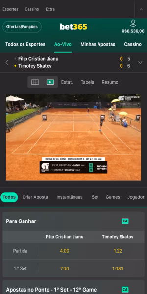 Livestreaming em jogo de t&ecirc;nis na Bet365