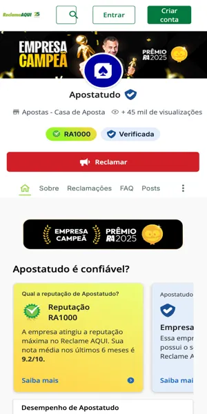 Imagem da p&aacute;gina oficial da Apostatudo no Reclame Aqui
