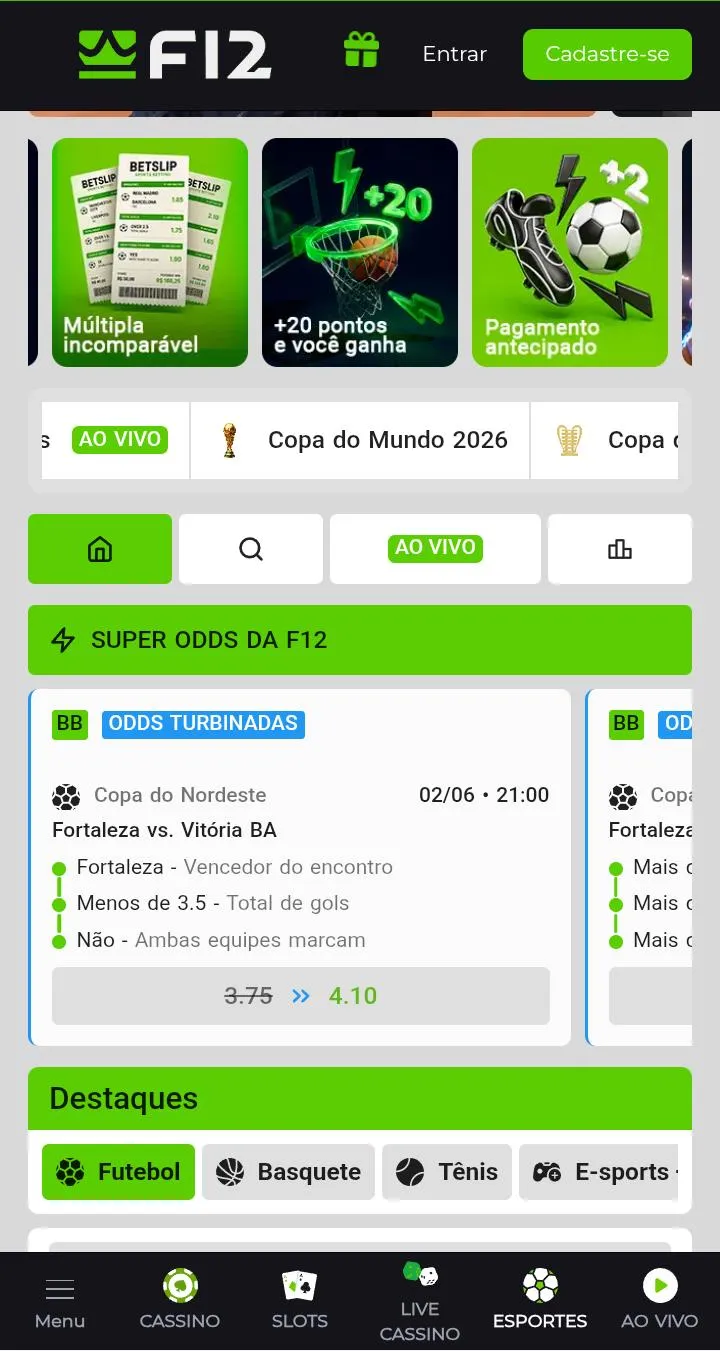 P&aacute;gina de esportes da F12.Bet, com destaque para as Super Odds
