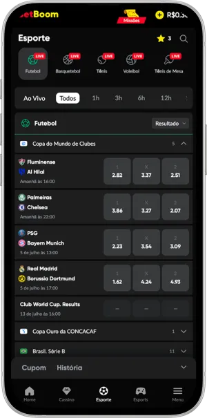 P&aacute;gina inicial do aplicativo da Betboom