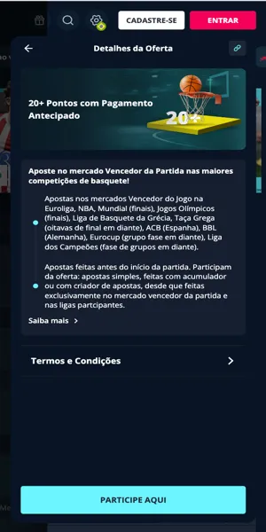 Imagem da página da oferta pagamento antecipado para basquete, disponível para todos os jogos da NBA na Novibet
