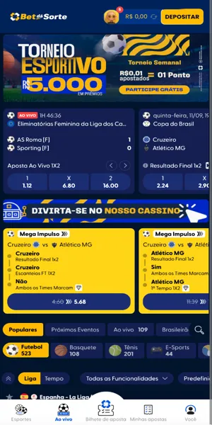 Interface com op&ccedil;&otilde;es de apostas esportivas na Betd&aacute;Sorte com dep&oacute;sitos a partir de R$1