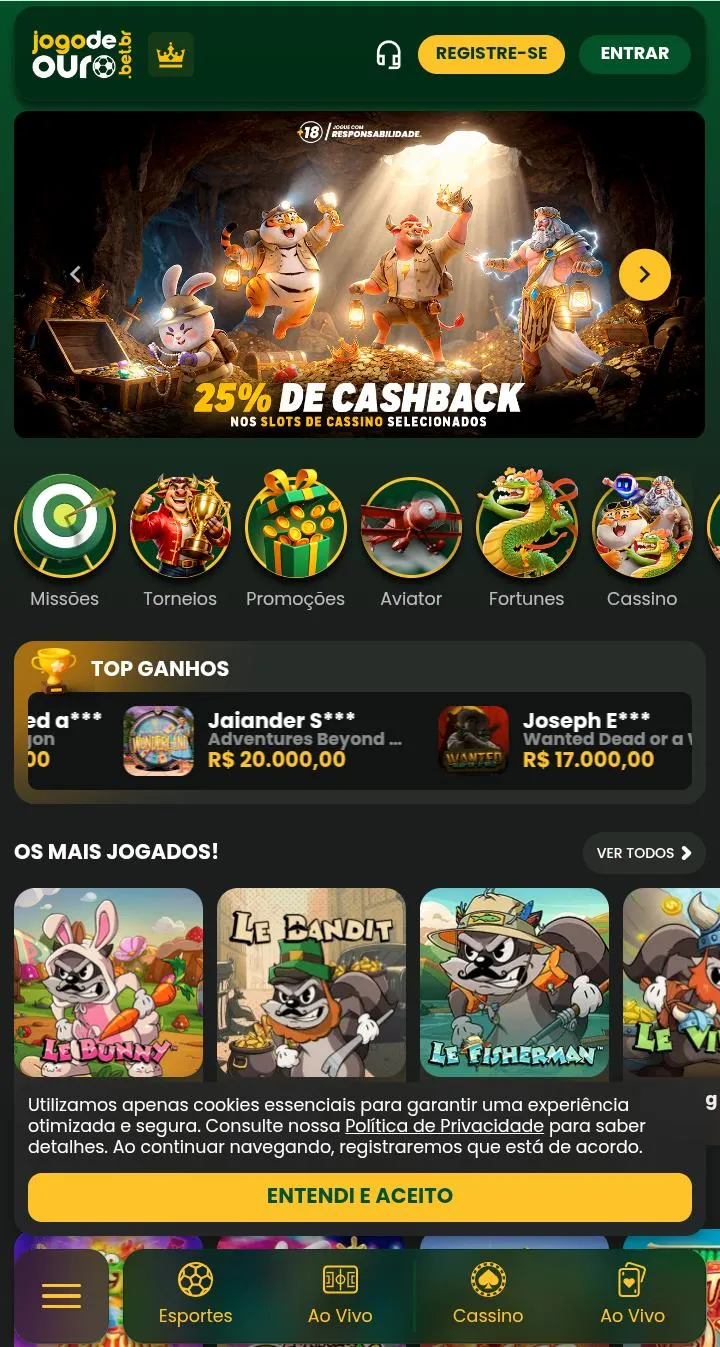 P&aacute;gina de cassino da Jogo de Ouro, com destaque para o cashback de 25%
