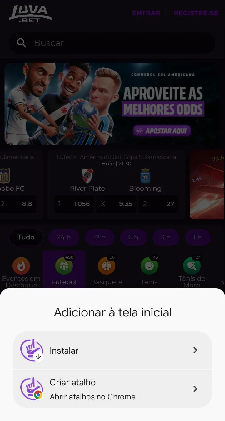 Atalho para adicionar luvabet app no Android