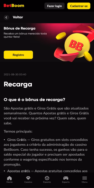 B&ocirc;nus de recarga da Betboom