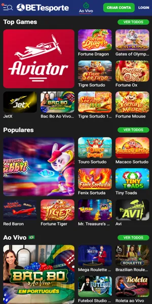 Imagem da p&aacute;gina inicial do cassino online da Betesporte com menus e jogos separados por categoria