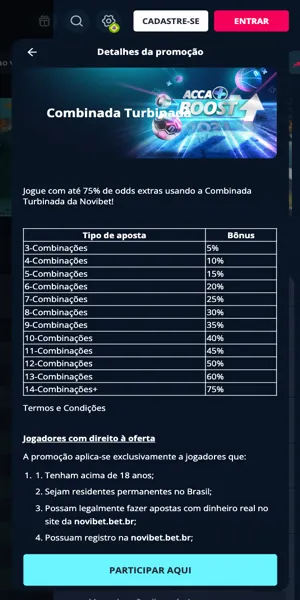 Tela com a p&aacute;gina da promo&ccedil;&atilde;o Combinada Turbinada da Novibet para elevar seus ganhos nas m&uacute;ltiplas