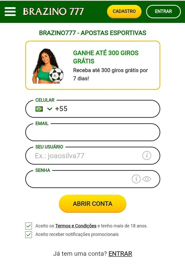 Formul&aacute;rio de cadastro da Brazino777