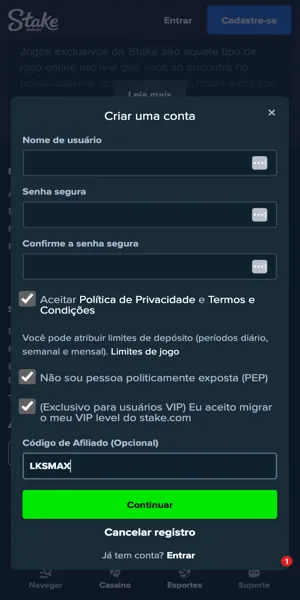 Imagem com o processo de cadastro na Stake