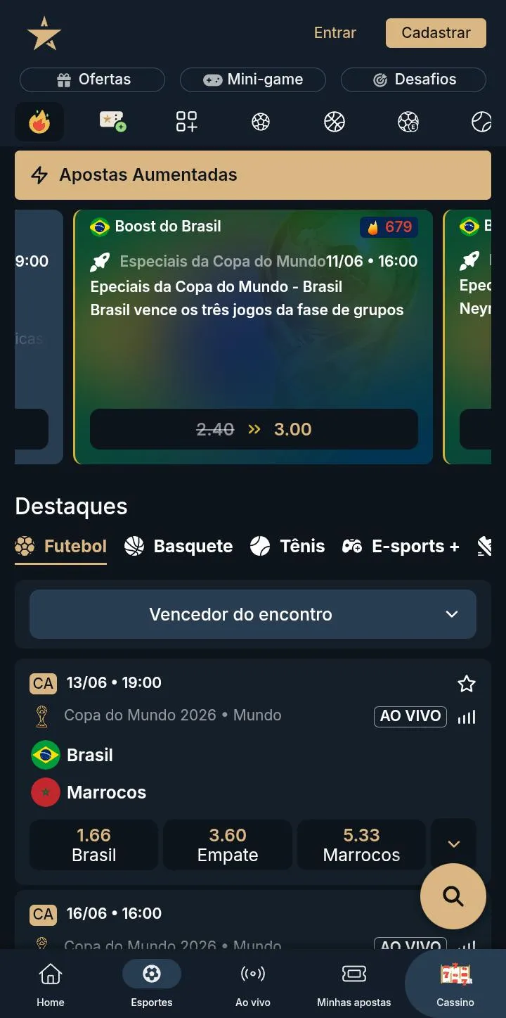 Livro de apostas da Estrelabet com odds para a Copa do Mundo