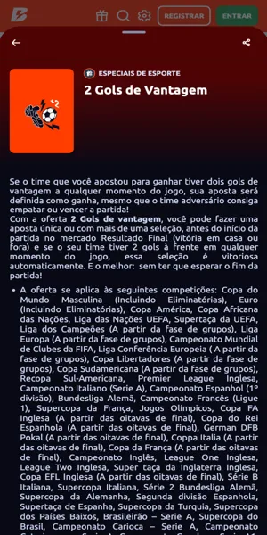 Imagem da página de promoção 2 gols de vantagem que garante pagamento antecipado na Betano para jogos de futebol