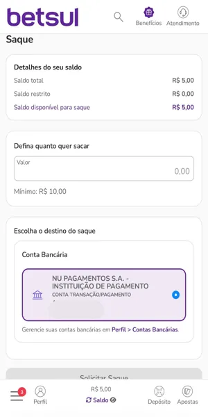 Imagem com processo de dep&oacute;sito com Pix na Betsul