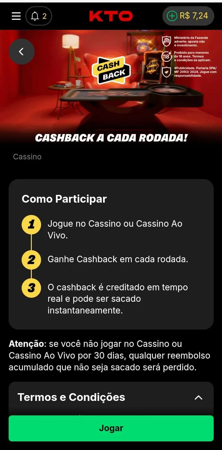 Cashback a cada rodada da KTO