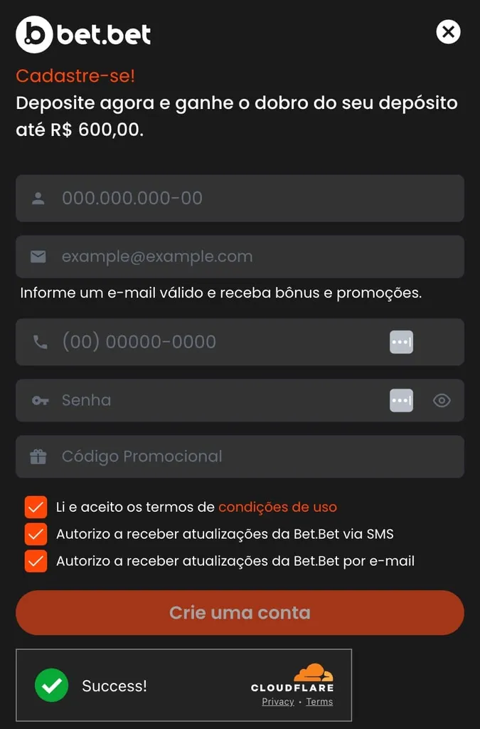 tela de cadastro na Bet.bet