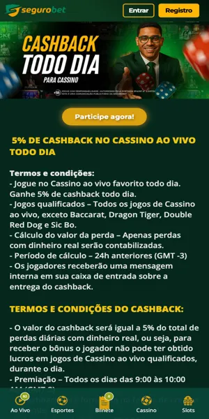 Imagem da página da promoção de cashback para cassino na Segurobet