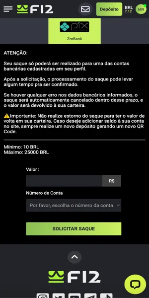 Tela com as indica&ccedil;&otilde;es para realizar um saque via Pix na F12.Bet