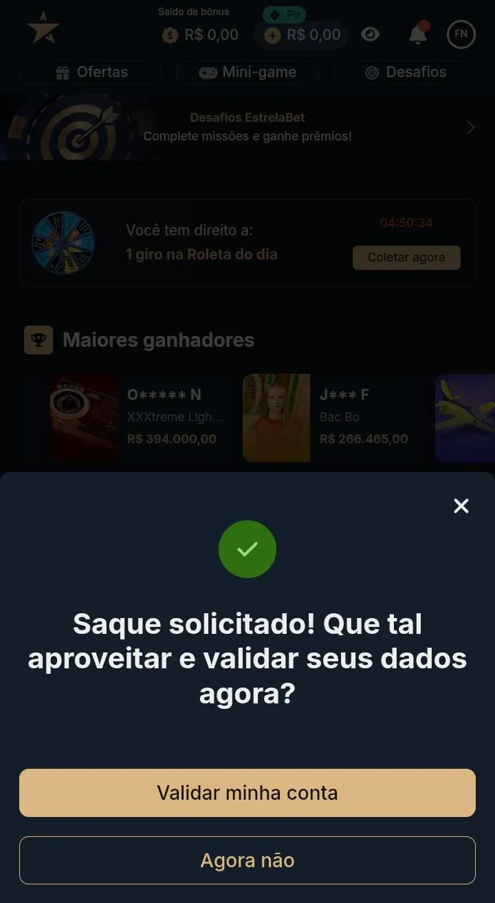 Saque solicitado na Estrelabet