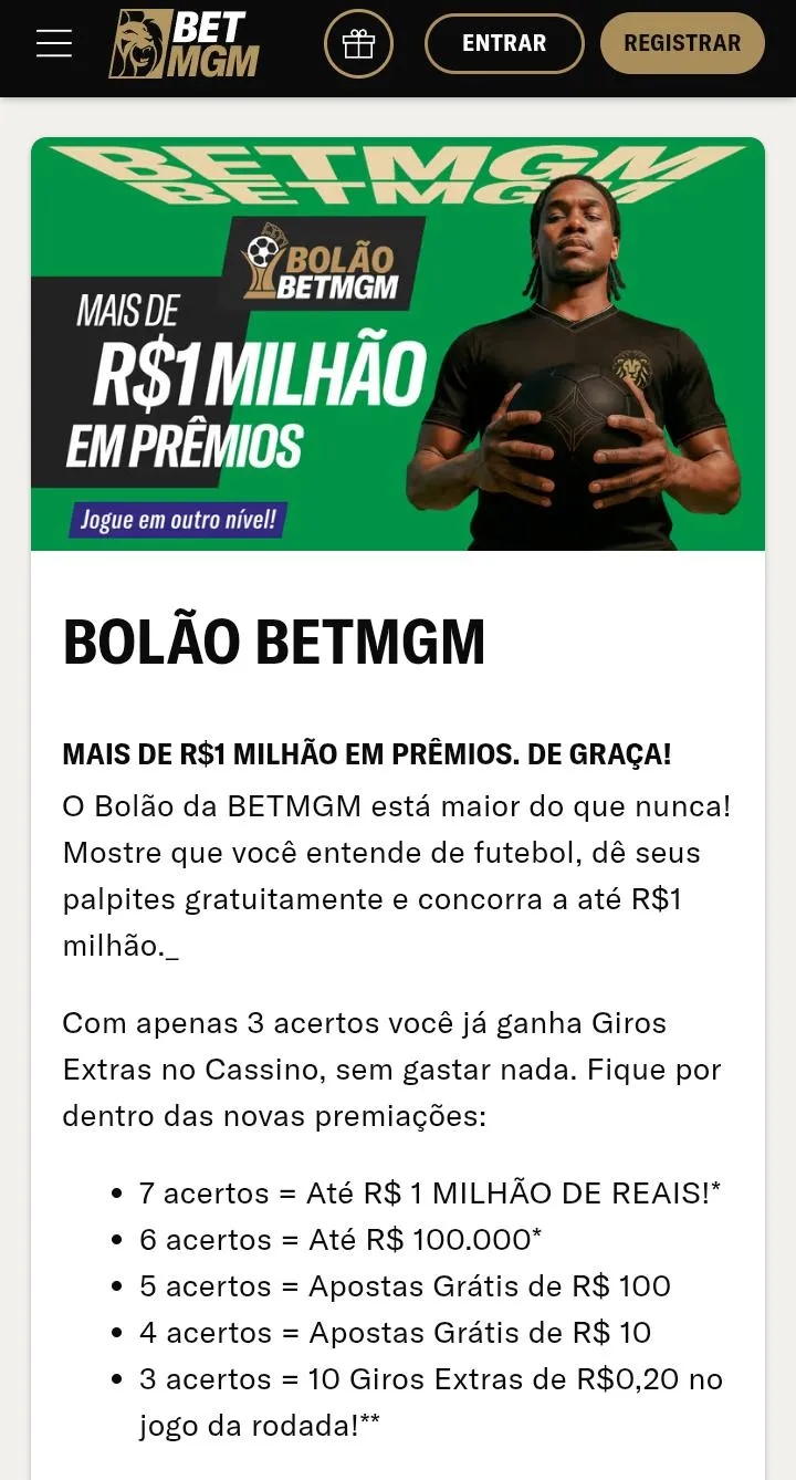 Bol&atilde;o BetMGM com R$1 milh&atilde;o em pr&ecirc;mios
