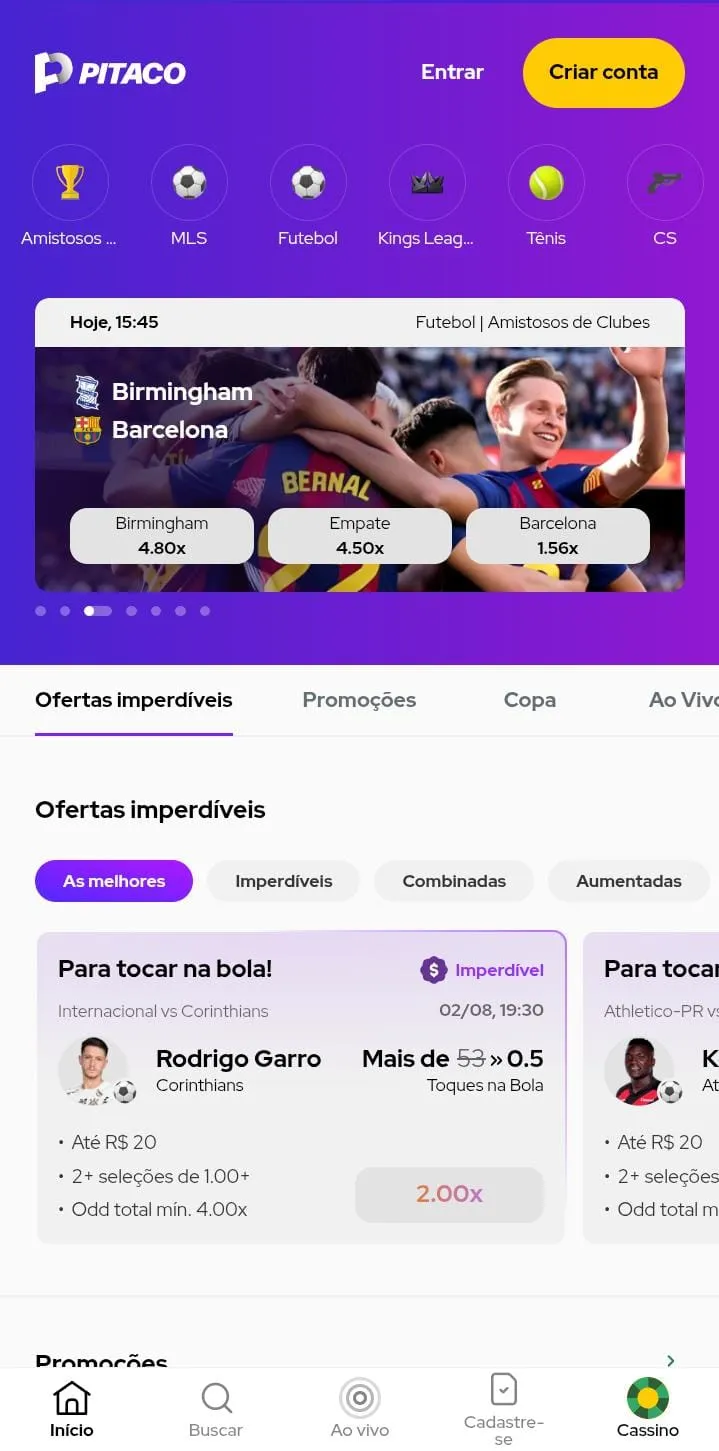P&aacute;gina de esportes da Rei do Pitaco, com jogo de futebol em destaque e Ofertas Imperd&iacute;veis
