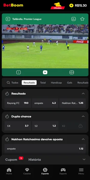 Tela com transmiss&atilde;o ao vivo de futebol na Betboom