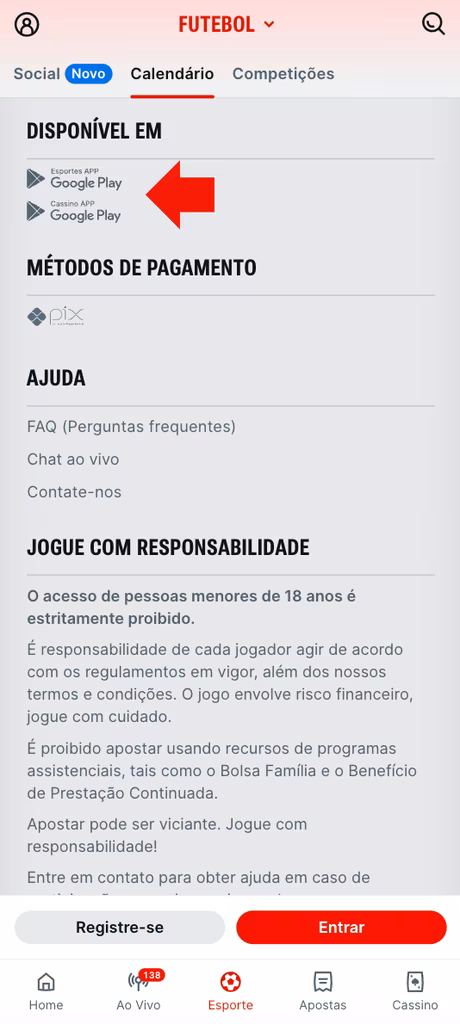 Imagem com a op&ccedil;&atilde;o de realizar download no link direto da p&aacute;gina inicial da Superbet