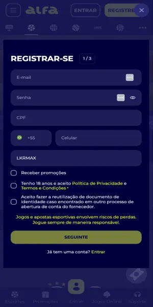 Imagem com a tela inicial do registro de uma nova conta na Alfa.bet