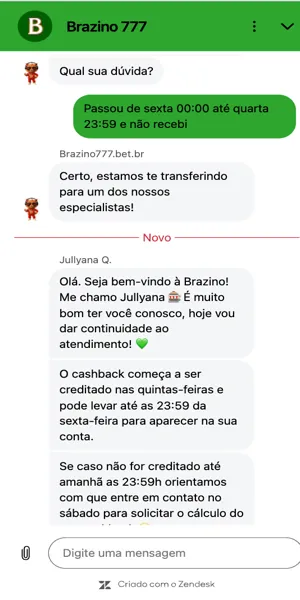 Imagem da conversa com o chat ao vivo da Brazino777. Atendimento &aacute;gil e completo.
