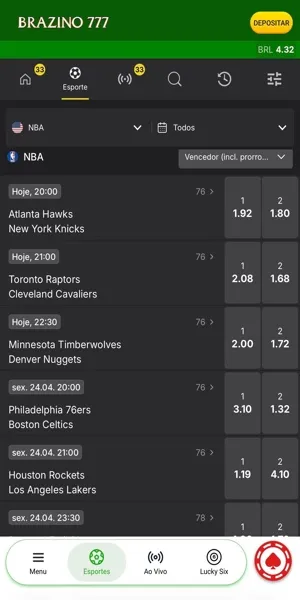 Interface com op&ccedil;&otilde;es de jogos da NBA para apostar com o cupom Brazino777