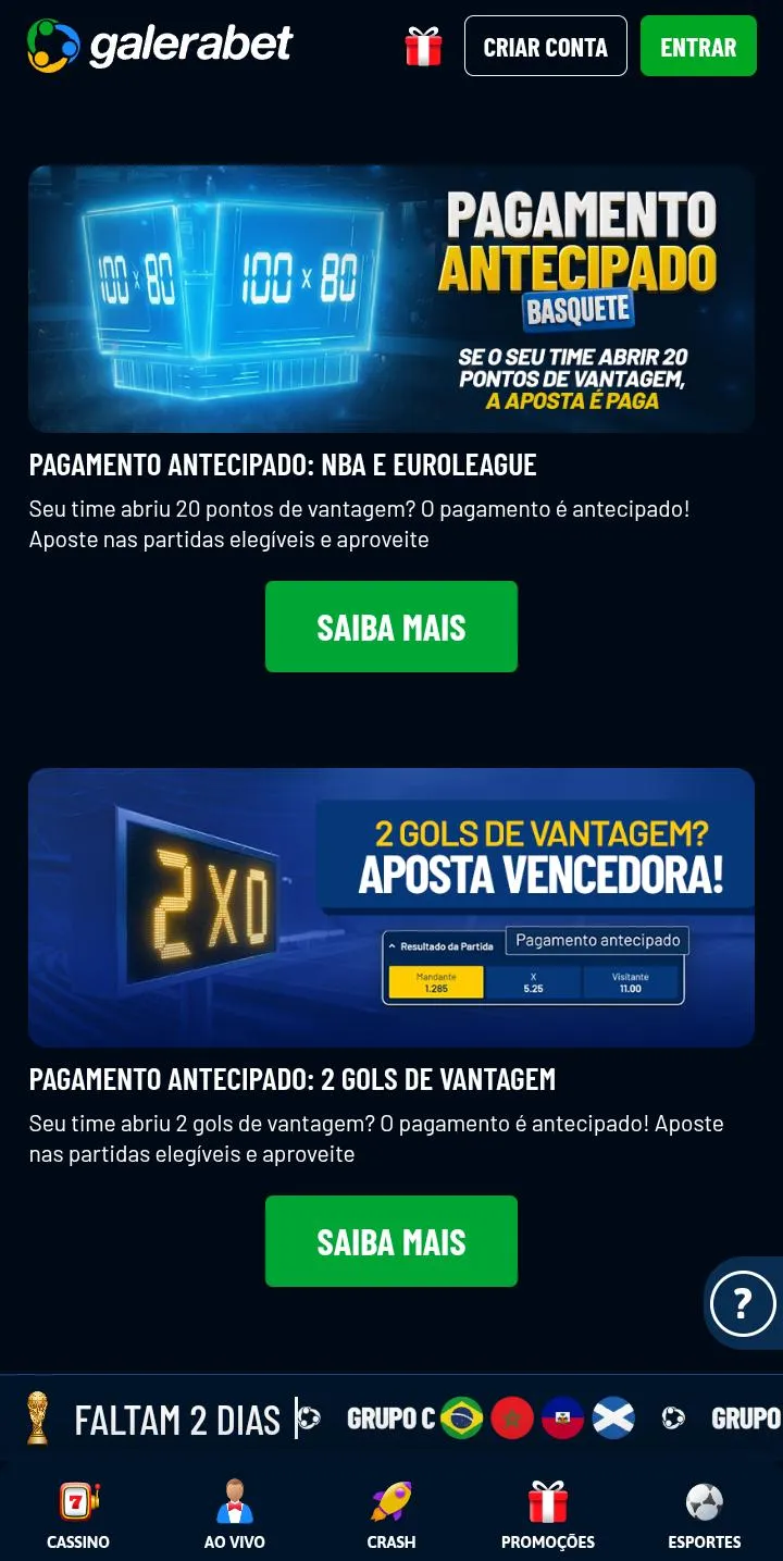 Ofertas de pagamento antecipado da Galera Bet