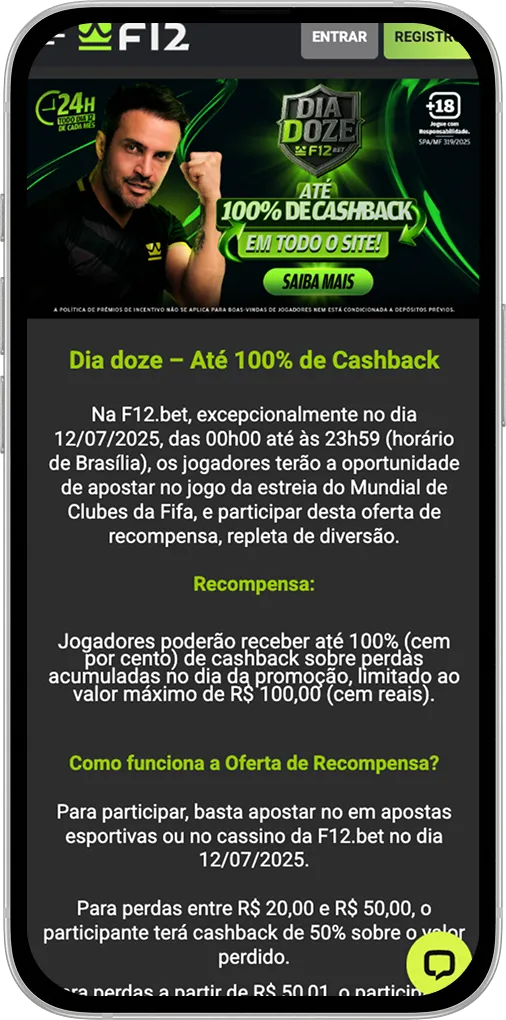 Imagem das regras da promoção de cashback mensal da F12Bet